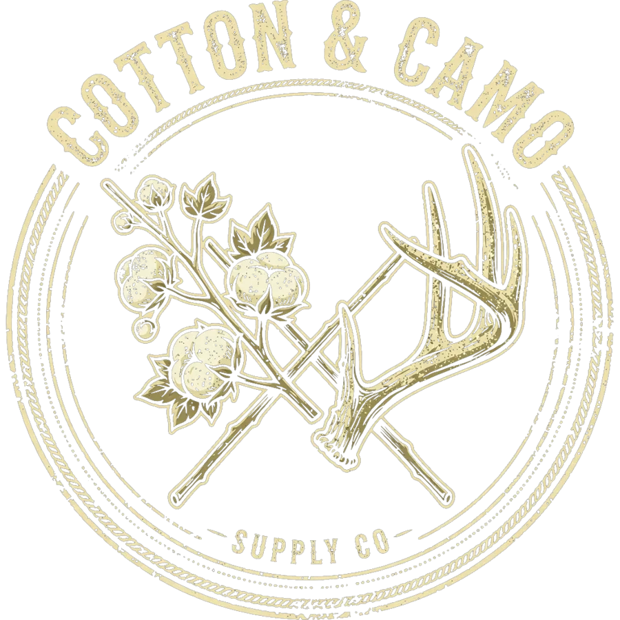 Cotton & Camo Supply Co badge logo: crossed cotton bolls and antler