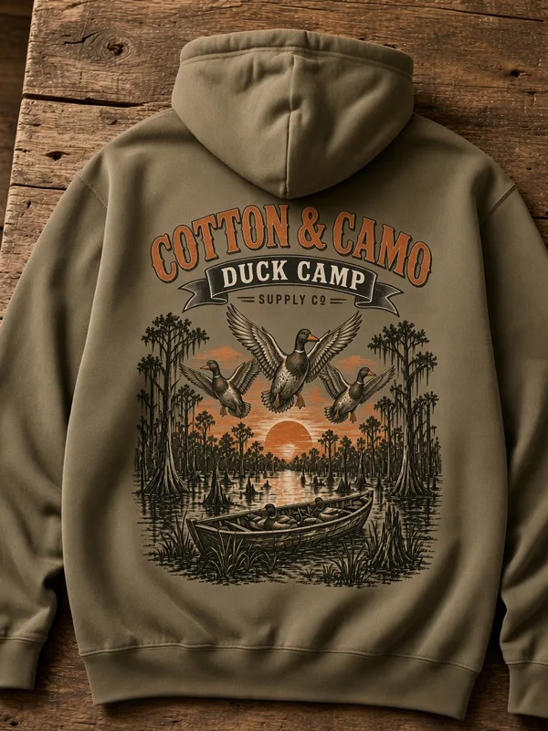 Duck Camp Hoodie front mockup (AI mockup)